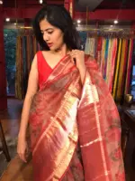 Scarlet Red Organza Silk Saree with Kanchi Zari Border - Image 3