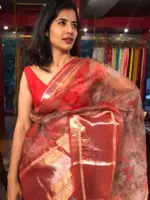 Scarlet Red Organza Silk Saree with Kanchi Zari Border