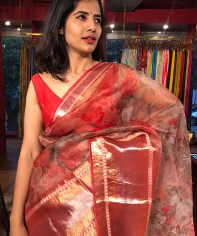 Scarlet Red Organza Silk Saree with Kanchi Zari Border
