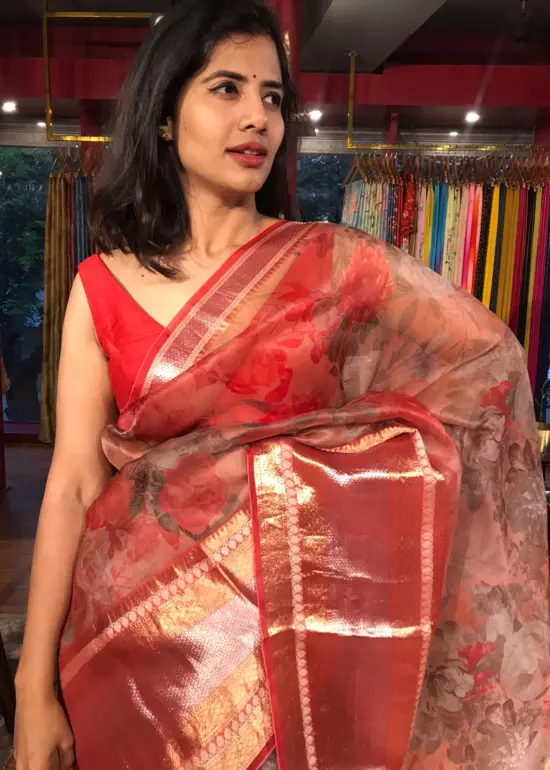 Scarlet Red Organza Silk Saree with Kanchi Zari Border
