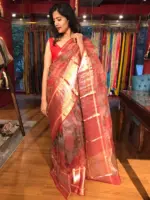 Scarlet Red Organza Silk Saree with Kanchi Zari Border - Image 5
