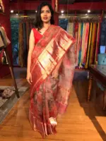 Scarlet Red Organza Silk Saree with Kanchi Zari Border - Image 4
