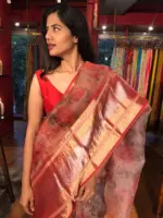 Scarlet Red Organza Silk Saree with Kanchi Zari Border - Image 6