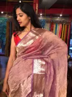 Purple Crushed Semi Tissue Silk Saree with Gold Zari Weaves