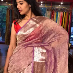 Purple Crushed Semi Tissue Silk Saree with Gold Zari Weaves