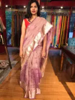 Purple Crushed Semi Tissue Silk Saree with Gold Zari Weaves - Image 4