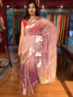 Purple Crushed Semi Tissue Silk Saree with Gold Zari Weaves - Image 3