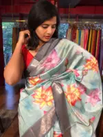 Blue Printed Banarasi Silk Saree