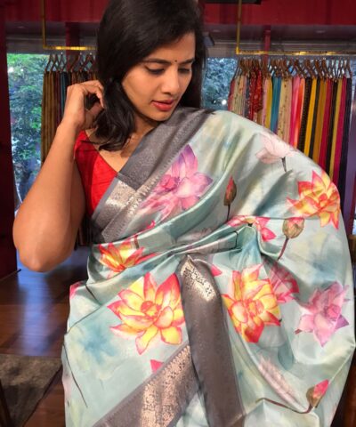 Blue Printed Banarasi Silk Saree