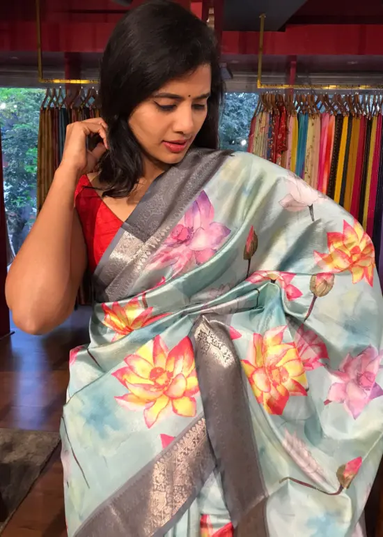 Blue Printed Banarasi Silk Saree