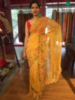 Mustard Yellow Crushed Tissue Silk Saree with Cutwork Embroidery - Image 2