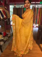 Mustard Yellow Crushed Tissue Silk Saree with Cutwork Embroidery - Image 3