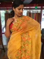 Mustard Yellow Crushed Tissue Silk Saree with Cutwork Embroidery