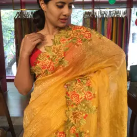 Mustard Yellow Crushed Tissue Silk Saree with Cutwork Embroidery