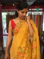 Mustard Yellow Crushed Tissue Silk Saree with Cutwork Embroidery - Image 4