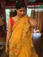 Mustard Yellow Crushed Tissue Silk Saree with Cutwork Embroidery - Image 5