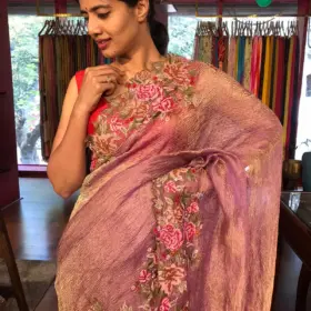 Purple Crushed Tissue Silk Saree with Cutwork Embroidery