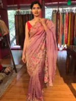 Purple Crushed Tissue Silk Saree with Cutwork Embroidery - Image 5