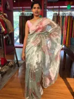 Blue Hand Embroidered and Hand painted Tissue Silk Saree highlighted with Scalloped Border - Image 2