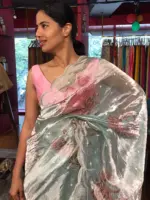 Blue Hand Embroidered and Hand painted Tissue Silk Saree highlighted with Scalloped Border - Image 5