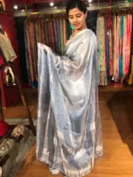 Ice Blue Tissue Silk Saree with Beautiful Zari Border - Image 3