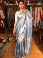 Ice Blue Tissue Silk Saree with Beautiful Zari Border - Image 2