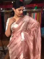 Red Tussar tissue silk saree with Beautiful Zari border