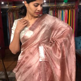 Red Tussar tissue silk saree with Beautiful Zari border