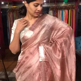 Red Tussar tissue silk saree with Beautiful Zari border