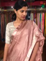 Red Tussar tissue silk saree with Beautiful Zari border - Image 4