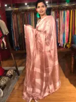Red Tussar tissue silk saree with Beautiful Zari border - Image 5