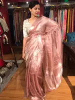 Red Tussar tissue silk saree with Beautiful Zari border - Image 2