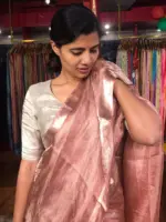 Red Tussar tissue silk saree with Beautiful Zari border - Image 6