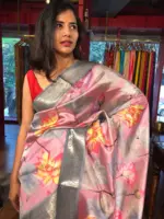 Pink Printed Banarasi Silk Saree