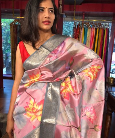 Pink Printed Banarasi Silk Saree
