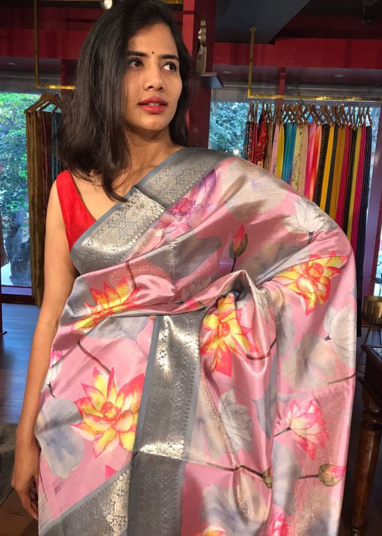 Pink Printed Banarasi Silk Saree