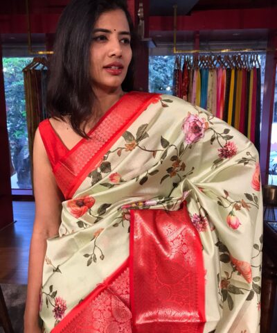 Pista Green Printed Banarasi Silk Saree