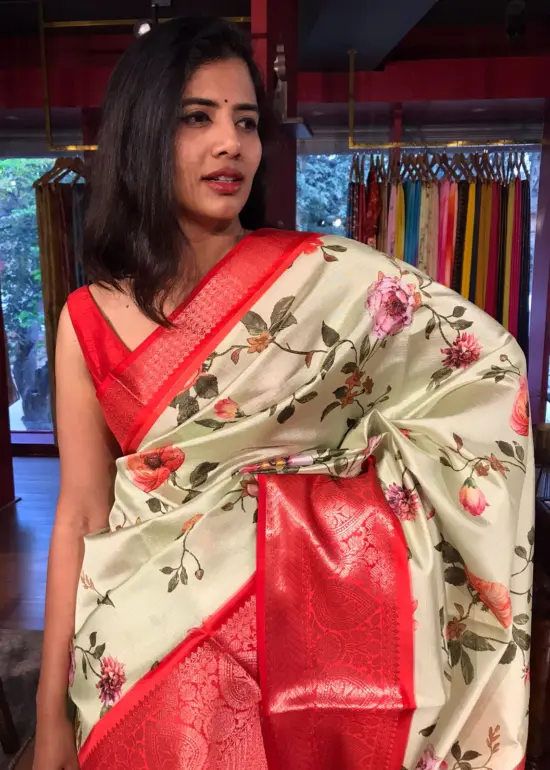 Pista Green Printed Banarasi Silk Saree
