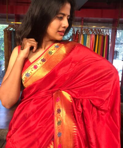Red Banarasi Silk Saree with Beautiful Paithani Border