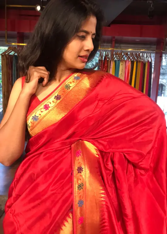 Red Banarasi Silk Saree with Beautiful Paithani Border