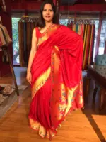 Red Banarasi Silk Saree with Beautiful Paithani Border - Image 2