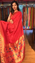 Red Banarasi Silk Saree with Beautiful Paithani Border - Image 5