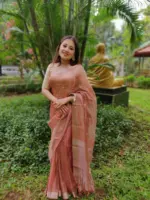 Red Tussar tissue silk saree with Beautiful Zari border - Image 3