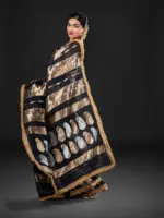 Black Tissue Silk Saree with Beautiful Gold Zari Weaves - Image 6