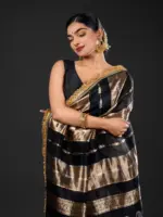 Black Tissue Silk Saree with Beautiful Gold Zari Weaves - Image 2