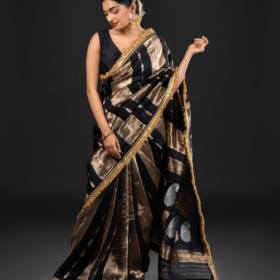 Black Tissue Silk Saree with Beautiful Gold Zari Weaves