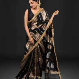 Black Tissue Silk Saree with Beautiful Gold Zari Weaves