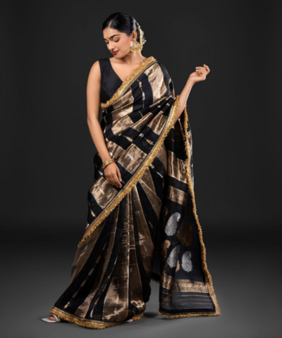 Black Tissue Silk Saree with Beautiful Gold Zari Weaves