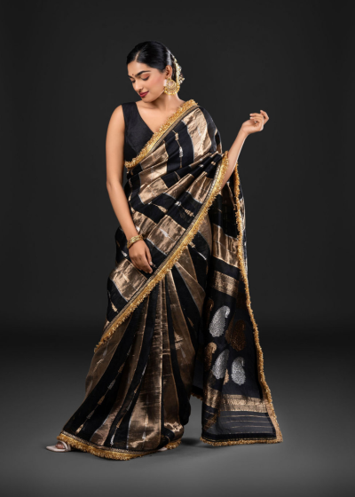 Black Tissue Silk Saree with Beautiful Gold Zari Weaves