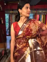 Maroon Organza Silk Saree with Kanchi Zari Border - Image 2